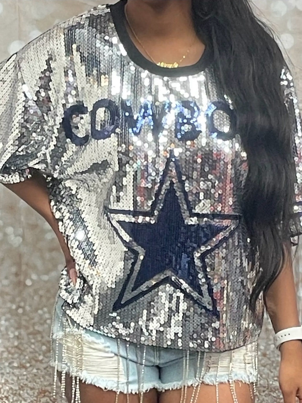 Dallas Cowboys Silver Sequin Boxy Crop Top